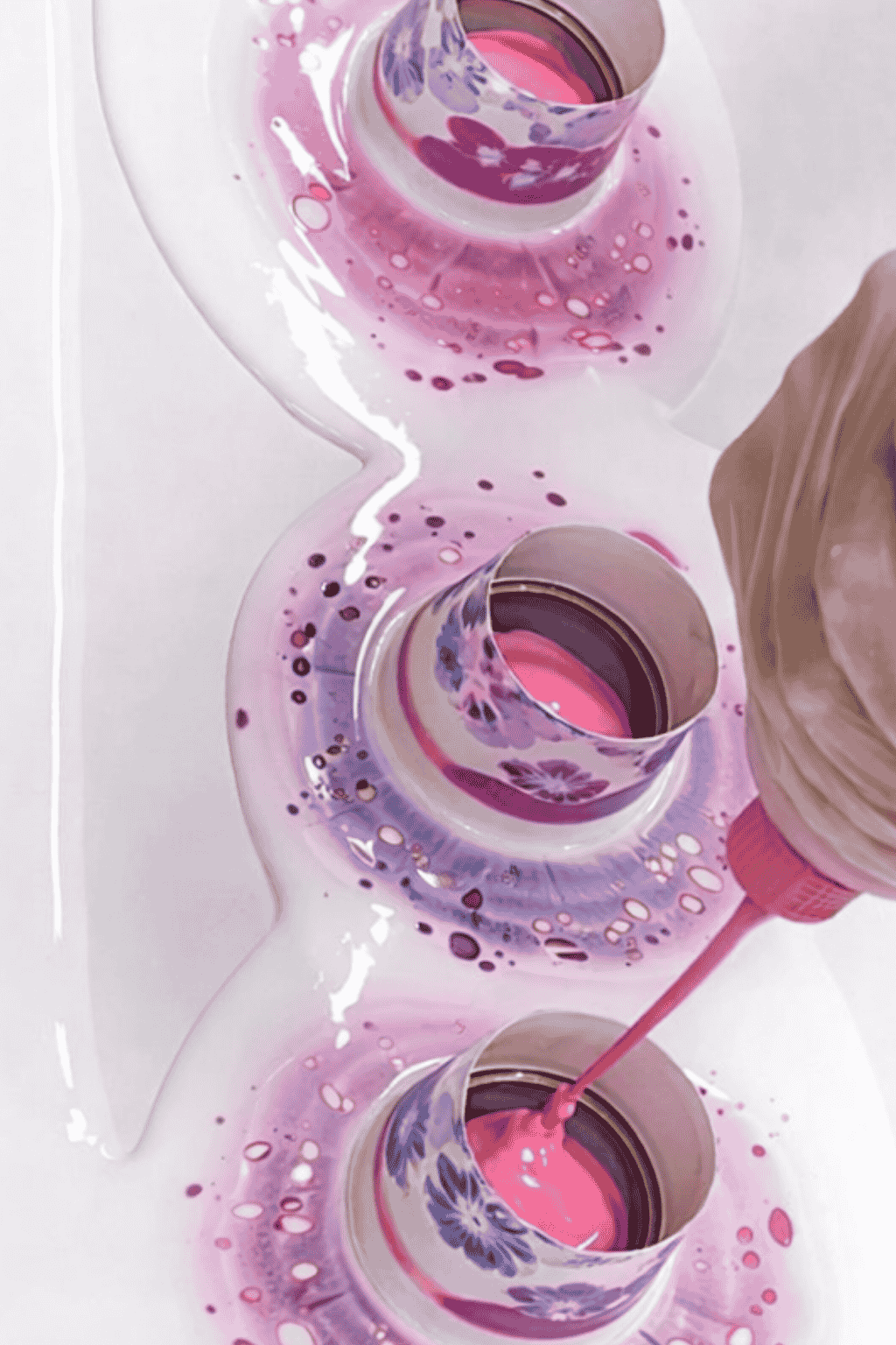 Pink and purple acrylic pour on canvas including cells