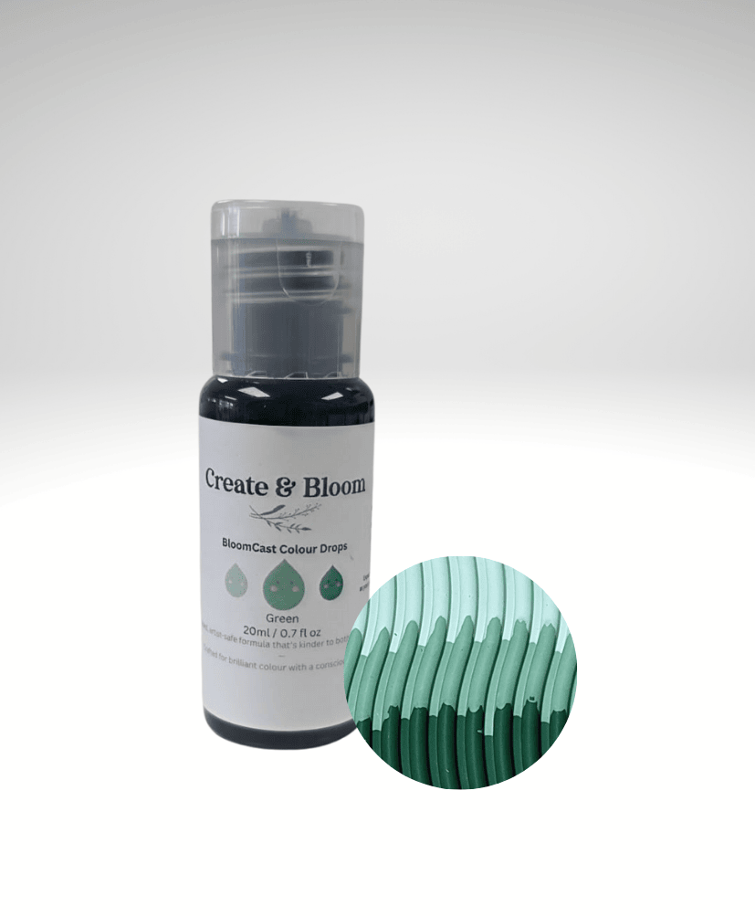 Green Bloom Cast Drops – Water-Based Pigment dye for Eco Pour and concrete craft mediums.