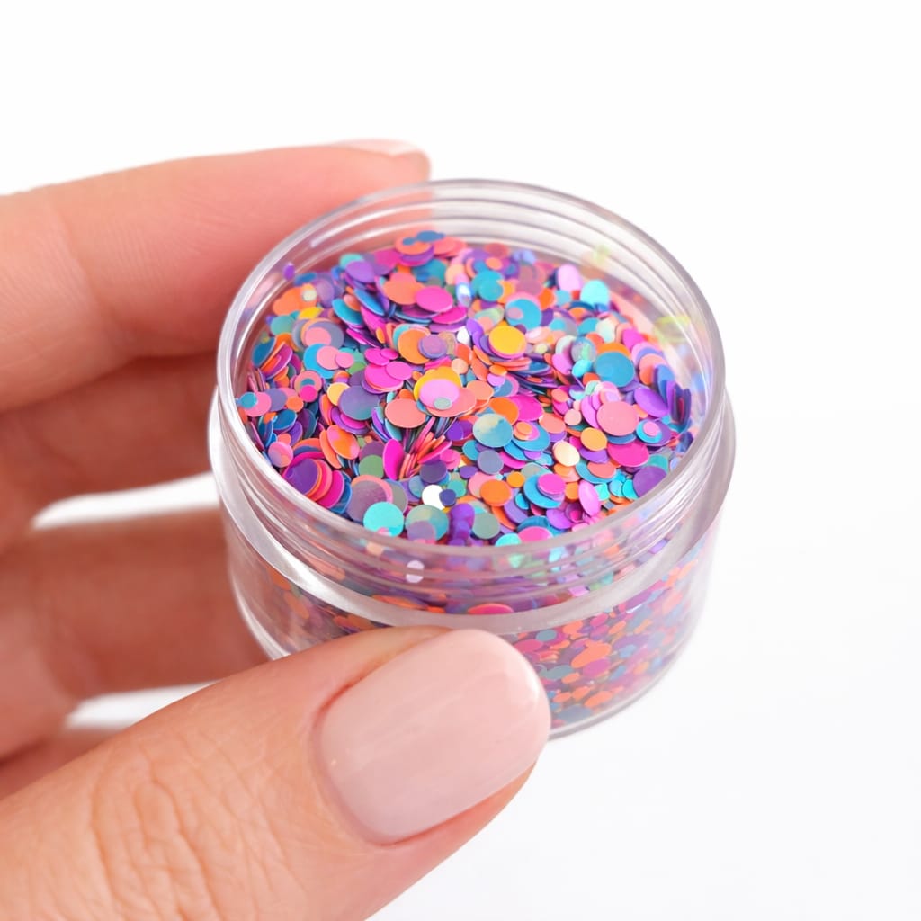 jellybean glitter
multi-coloured large dotty glitter
festival glitter
glitter for resin