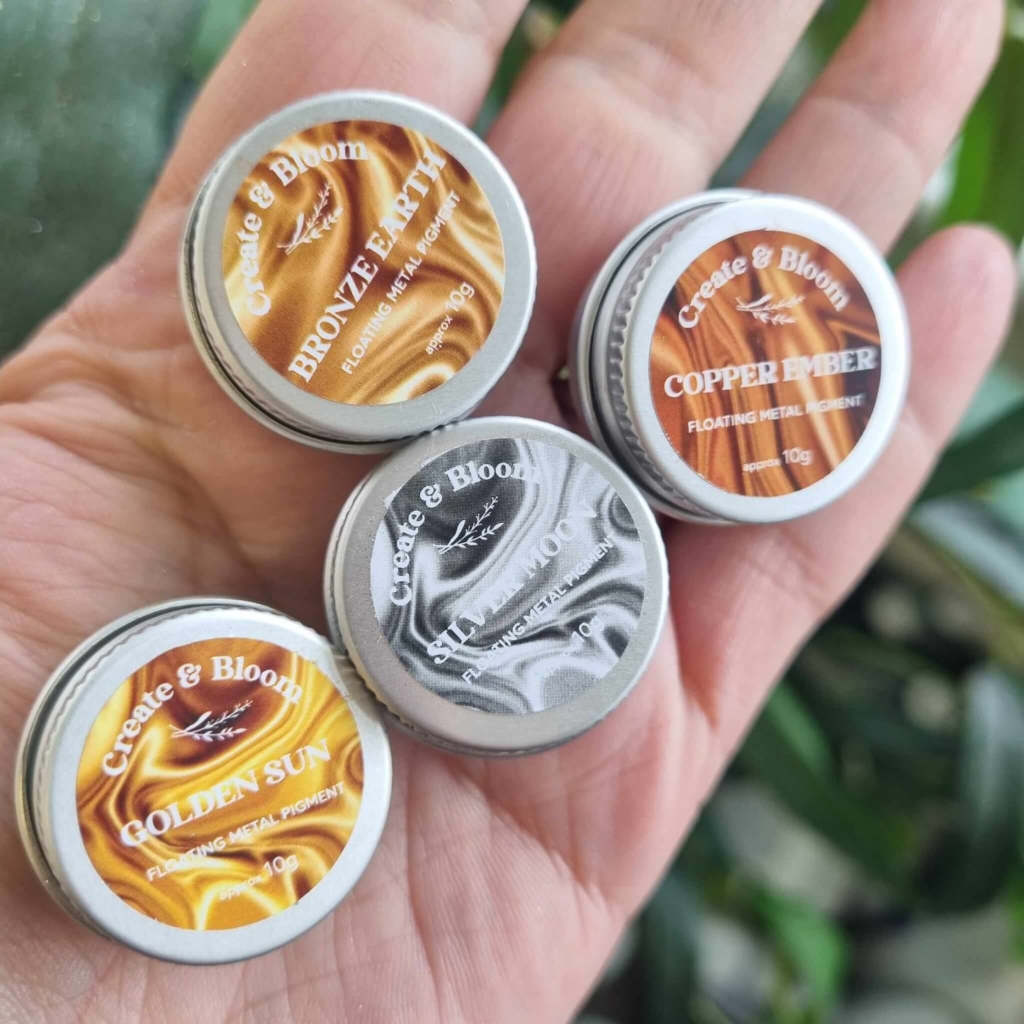 4 tins of mica powder for crafts, gold, silver, copper and bronze.