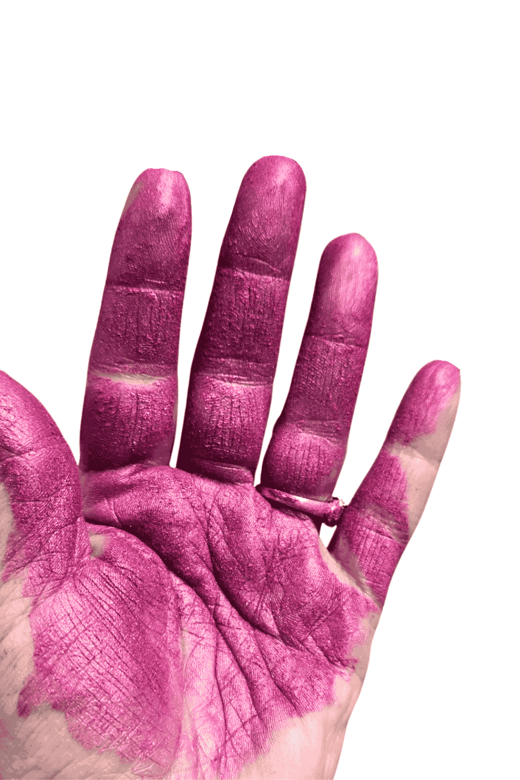 Hand with pinkish-purple color on palm and fingers against a white background