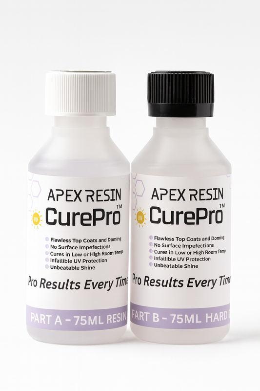 Apex Resin CurePro professional top coat and doming resin with crystal-clear, high-gloss finish. Small resin