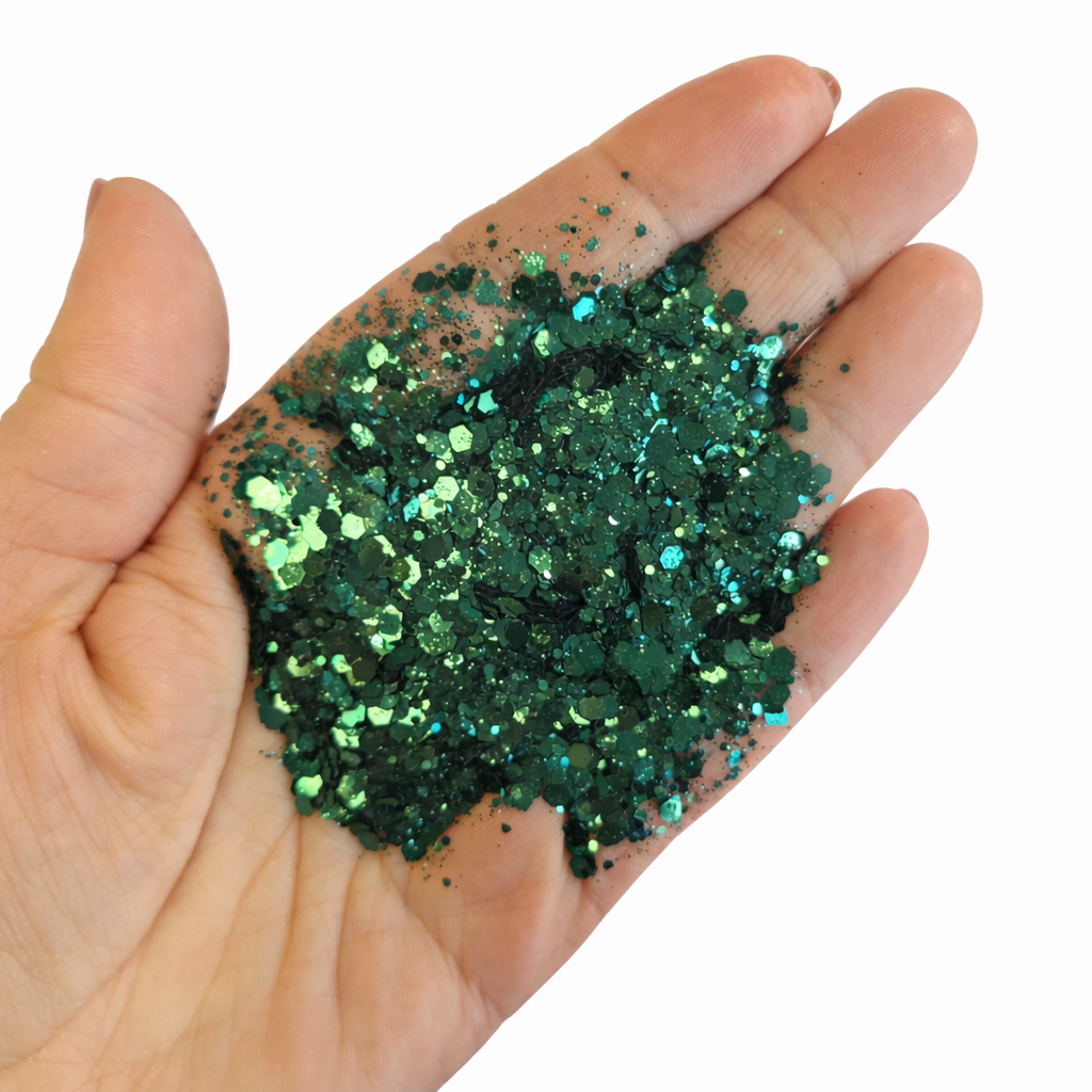 dark green chunky hex glitter in a hand