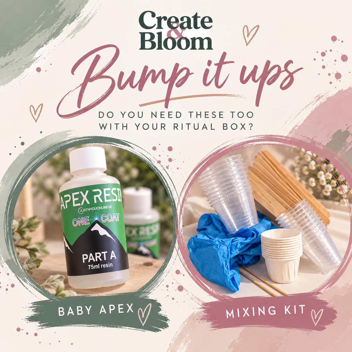 Promotional graphic for a ritual box kit by Create & Bloom, titled 'Bump it up's'. It features two circular product photos: one showing a bottle of Apex Rest One Coat Teflon Coating (Baby Apex) and the other showing a mixing kit with plastic cups, wooden sticks, and a blue cloth.