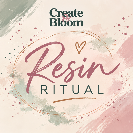 Digital graphic banner for 'Resin Ritual' by Create Bloom, featuring elegant typography over a soft watercolor background with pink, sage green, and beige brushstrokes.