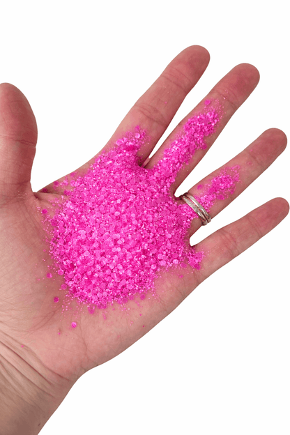 Bright Neon Pink glitter - barbie glitter, chunky glitter in hand - for tumbling
