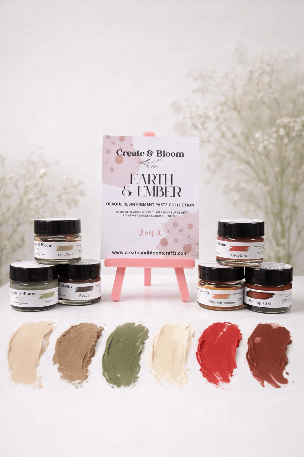 Create & Bloom Earth & Ember opaque resin pigment paste collection featuring Sand Dune, Beaver, Thyme, Chrysanthemum, Ladybird and Red Squirrel pigments