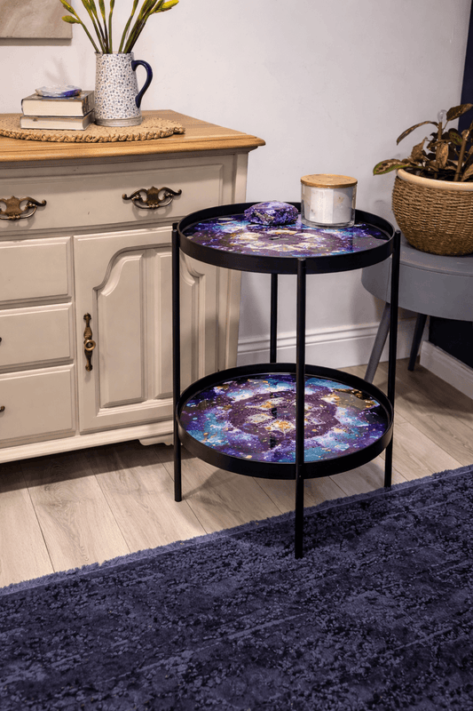 Cosmic geode table with resin in a living room set up - make this table on a workshop