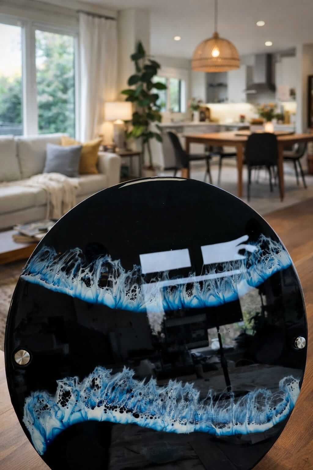 Resin lacing on a large board in a living room. Learn resin lacing