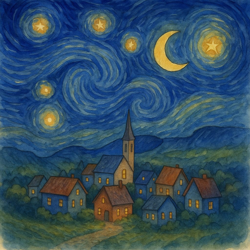 Whimsical Watercolours: Starry Night Village, Tues 15th July 8pm