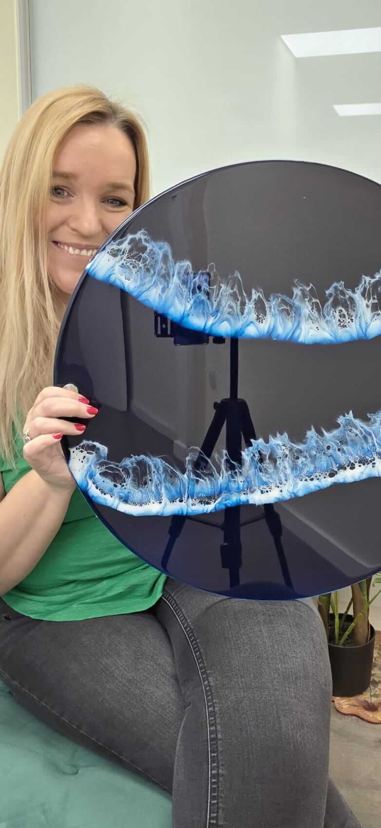 Beach art, dark blue resin with white laced waves. Apex resin ocean waves