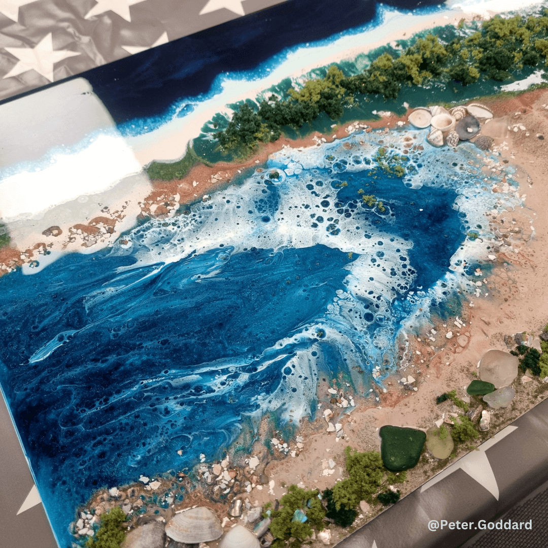 Ocean resin art with waves and lacing made using Apex One Coat epoxy resin