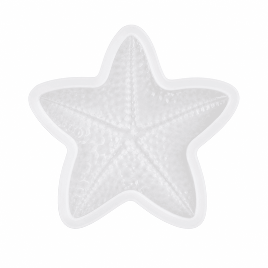 A white silicone mold shaped like a starfish, featuring a textured interior surface and a smooth outer edge, shown on a solid white background.