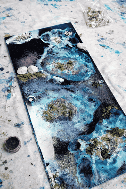 Abstract ocean resin art in progress showing layered sea textures, flow and movement using epoxy resin techniques - Create and Bloom and Apex resin products