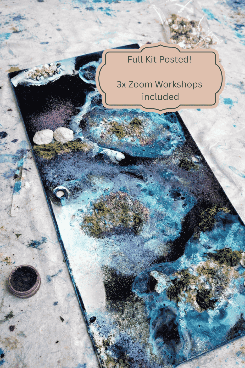 Abstract resin beach art, resin lacing, create and bloom class - Apex resin. Learn resin