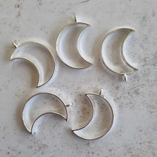 Set of 5 Silver Plated Open-Backed Moon Pendant Bezels -  For Resin Crafts