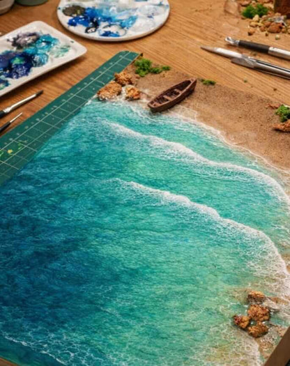 Resin beac art - learn resin - resin workshop blue resin on a board. 