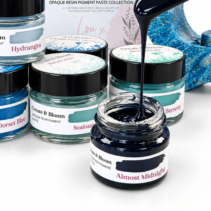 Six blue and green opaque resin pigment pastes for ocean resin art