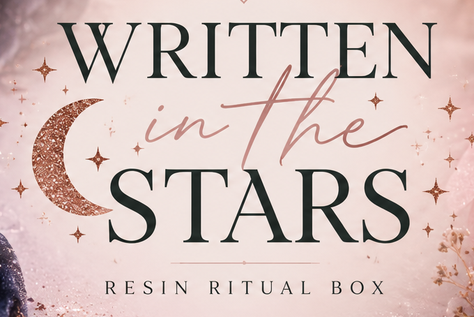 Promotional graphic for a 'Written in the Stars Resin Ritual Box' featuring elegant typography on a soft pink glittery background with a gold glitter crescent moon and stars.