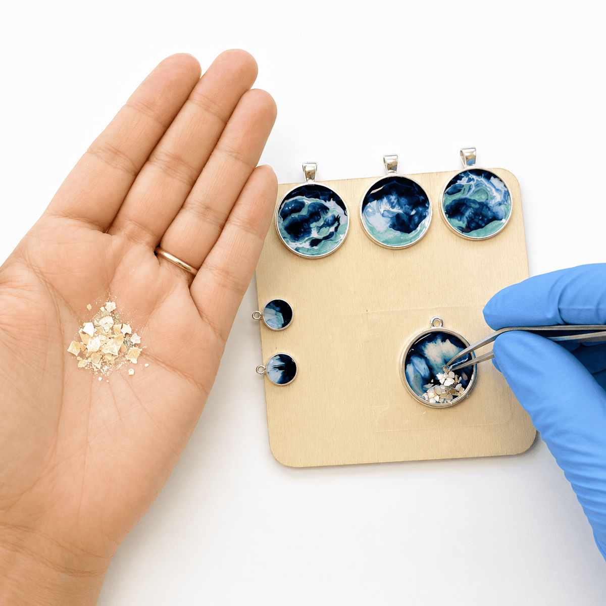 Blue resin jewellery made with Wild Swimming opaque epoxy resin pigments