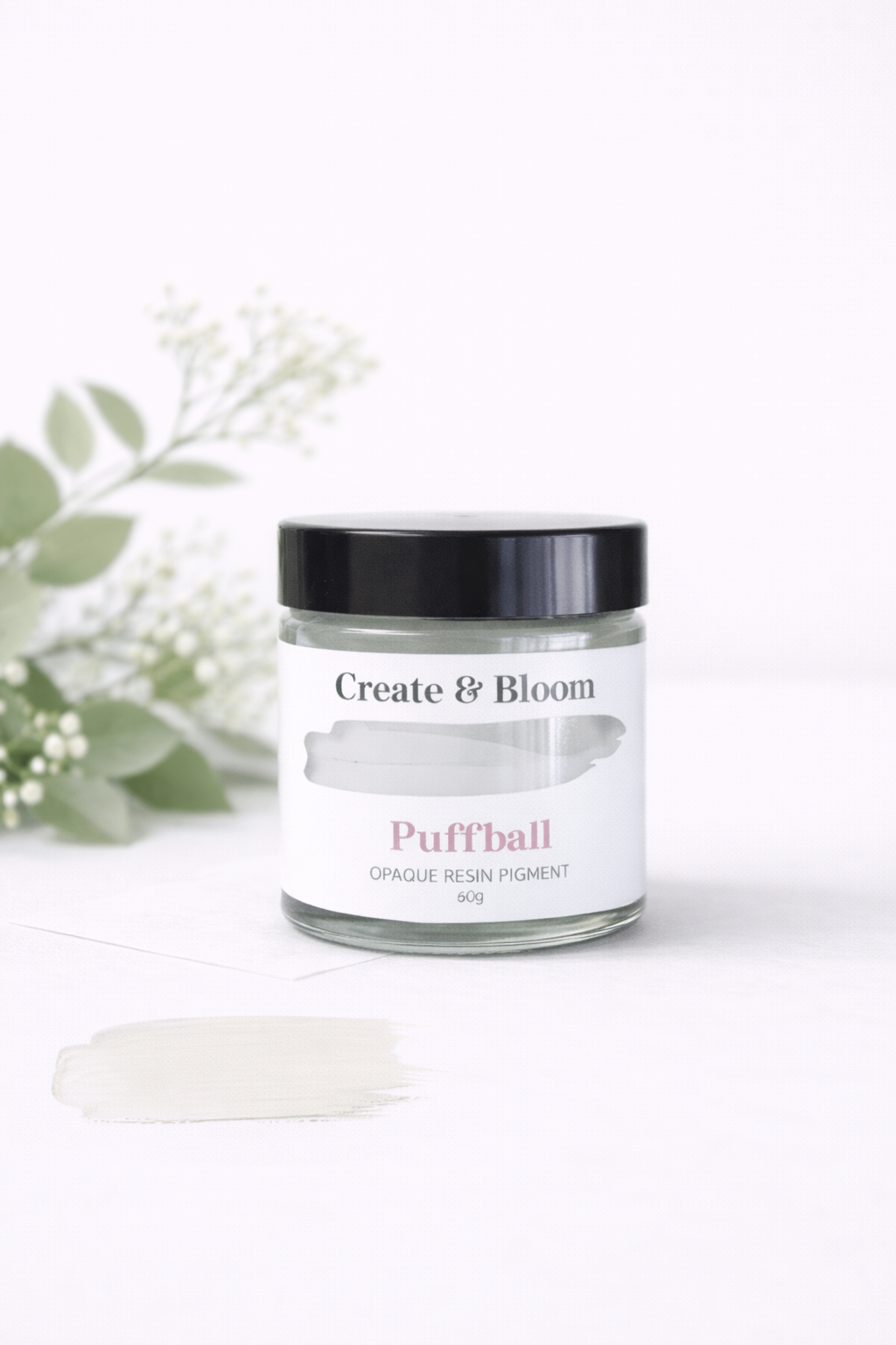 Puffball White opaque white epoxy resin pigment paste in a glass jar by Create & Bloom Crafts