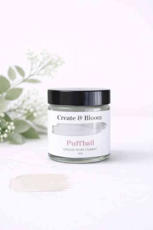 Puffball White opaque white epoxy resin pigment paste in a glass jar by Create & Bloom Crafts